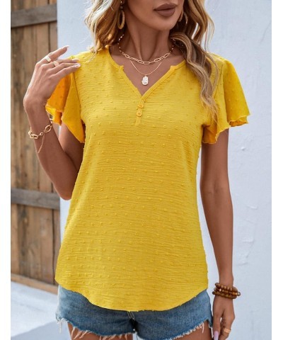 Women Flutter Sleeve V Neck Tops Swiss Dot Chiffon Blouse Yellow $8.09 Blouses