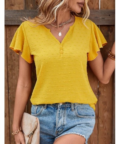 Women Flutter Sleeve V Neck Tops Swiss Dot Chiffon Blouse Yellow $8.09 Blouses