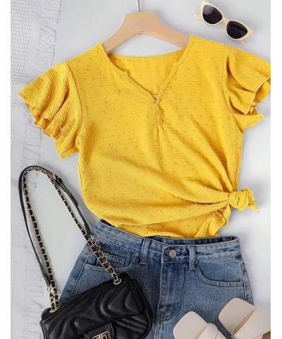 Women Flutter Sleeve V Neck Tops Swiss Dot Chiffon Blouse Yellow $8.09 Blouses