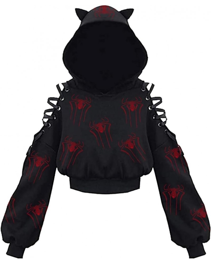 Women's Hoodie Long Sleeve Ear Cat Off Shoulder Lace Up Cropped Top Gothic Oversized Pullover Sweatshirt A-red $17.99 Hoodies...