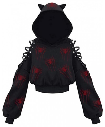 Women's Hoodie Long Sleeve Ear Cat Off Shoulder Lace Up Cropped Top Gothic Oversized Pullover Sweatshirt A-red $17.99 Hoodies...