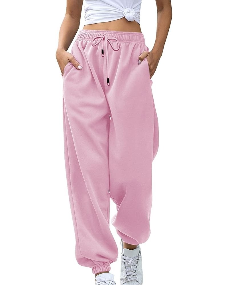 Womens High Waisted Sweatpants with Pockets 2024 Fall Y2k Jogger Pants Baggy Lounge Trousers Cinch Bottom Sweatpants A08-pink...