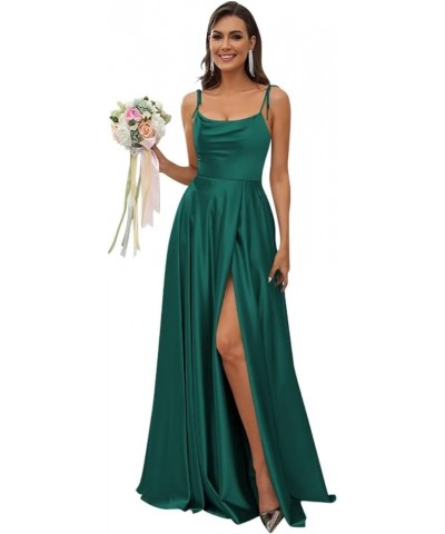 Women's Spaghetti Straps Satin Bridesmaid Dresses with Slit A Line Long Formal Party Dresses with Slit QA089 Peacock $28.04 D...