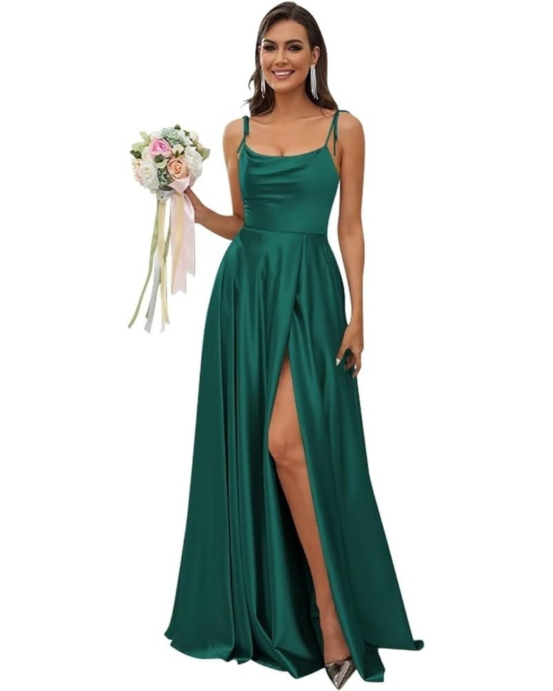 Women's Spaghetti Straps Satin Bridesmaid Dresses with Slit A Line Long Formal Party Dresses with Slit QA089 Peacock $28.04 D...