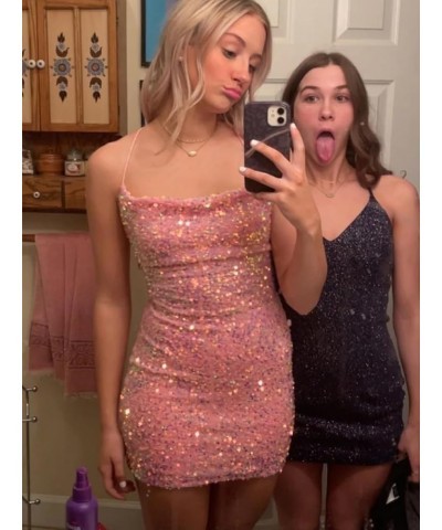 Women's Sparkly Sequin Homecoming Dresses for Teens Spaghetti Strap Tight Short Corset Prom Dresses Black $30.79 Dresses