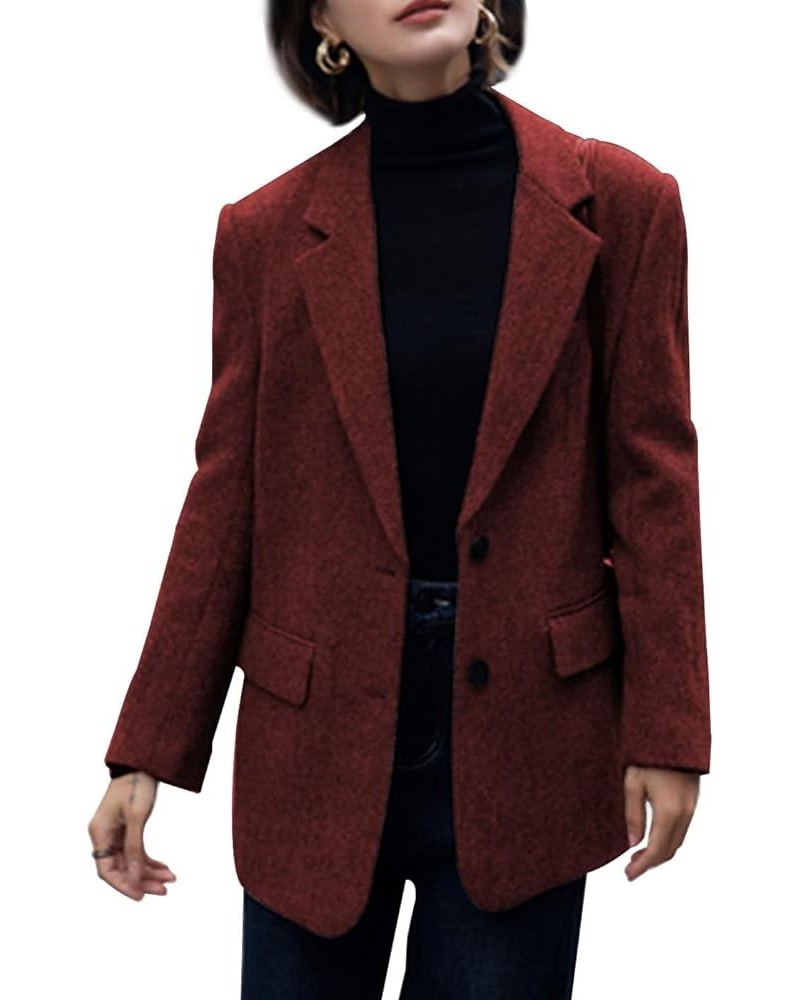 Women Suit Blazer Herringbone Pattern Woolen Coat Ladies Mid- Length Professional Casual Retro Only Jacket Burgundy $30.21 Bl...