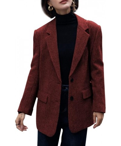 Women Suit Blazer Herringbone Pattern Woolen Coat Ladies Mid- Length Professional Casual Retro Only Jacket Burgundy $30.21 Bl...