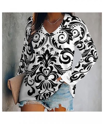 Women's Long Sleeve T Shirts Fall Loose Fit V Neck Tee Shirts Casual Comfy Soft Lightweight Tops (S-3XL) White Black Floral D...