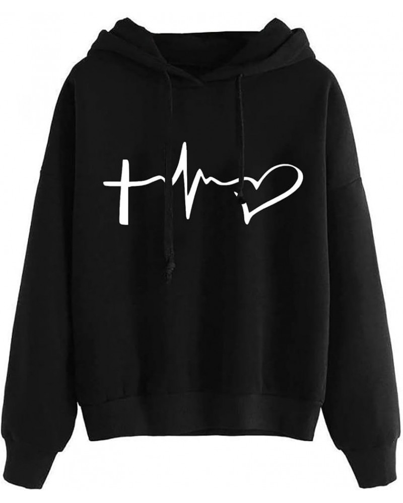 Heart Shaped Hoodies For Women Pocket Electrocardiogram Print Sweatshirt Long Sleeves Cute Fall Pullover Daily Cloth E1-black...