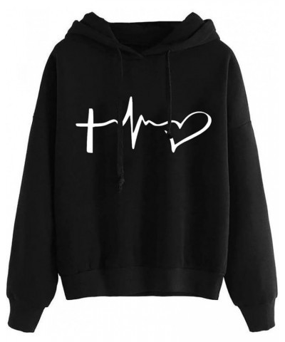 Heart Shaped Hoodies For Women Pocket Electrocardiogram Print Sweatshirt Long Sleeves Cute Fall Pullover Daily Cloth E1-black...