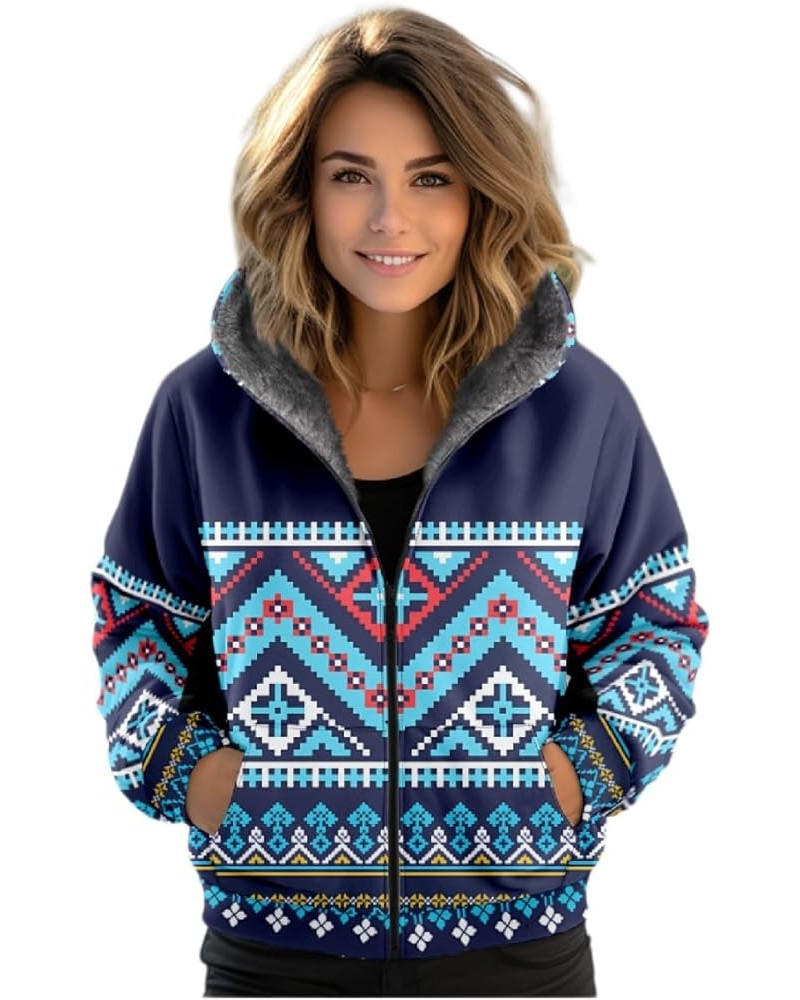 Women's Zipper Hoodies Fleece Sherpa Lined Heavyweight Hooded Sweatshirt Winter Jacket Warm Coat Blue Geometry $22.67 Jackets