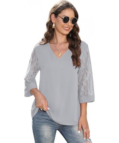 Women's Elegant V Neck 3/4 Sleeve Chiffon Blouses Tops Business Casual Work Office Shirts Grey $11.59 Blouses