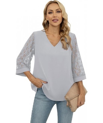 Women's Elegant V Neck 3/4 Sleeve Chiffon Blouses Tops Business Casual Work Office Shirts Grey $11.59 Blouses