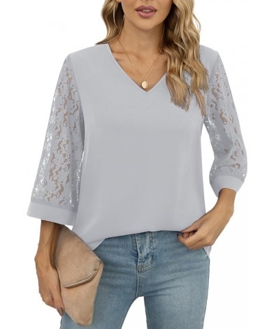 Women's Elegant V Neck 3/4 Sleeve Chiffon Blouses Tops Business Casual Work Office Shirts Grey $11.59 Blouses