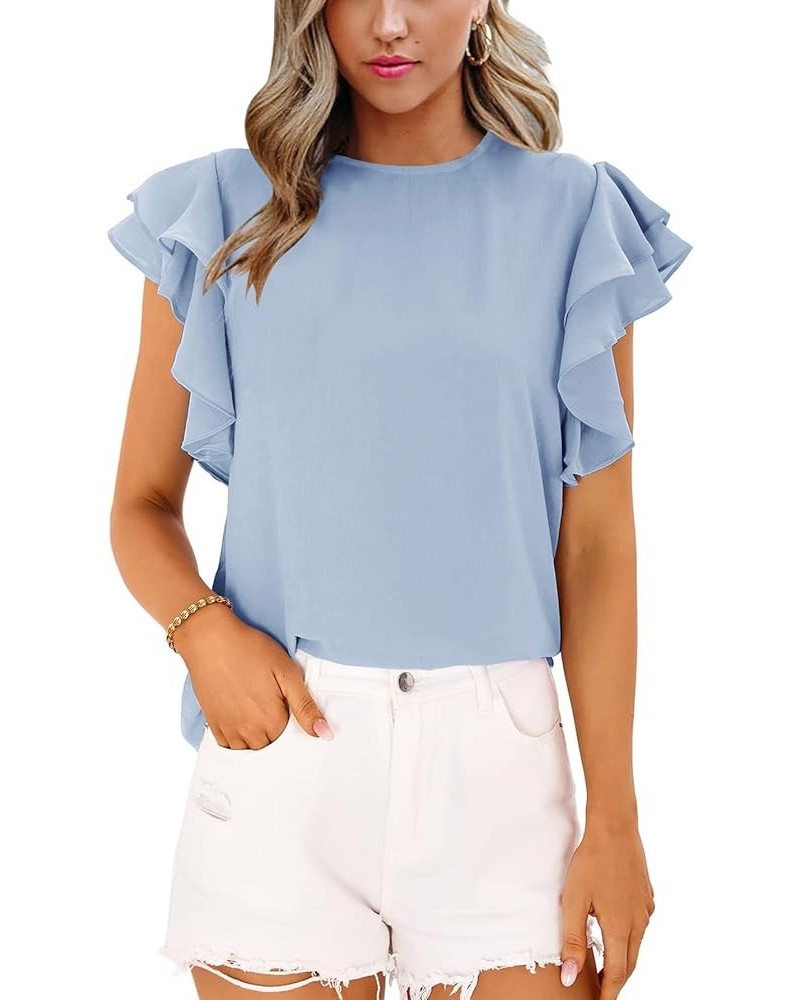 Short Sleeve V Neck T Shirts for Womens Summer Tops Casual Tunic Tops Loose Fit Sky Blue Crewneck $11.19 Tops