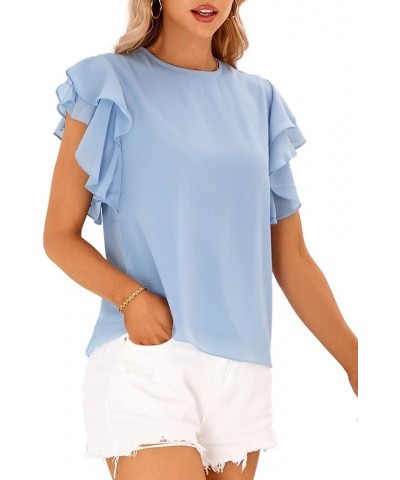 Short Sleeve V Neck T Shirts for Womens Summer Tops Casual Tunic Tops Loose Fit Sky Blue Crewneck $11.19 Tops