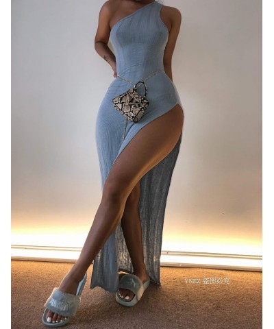 Ribbed Dress Sexy One Shoulder Split Maxi Long Dresses Beachwear Blue $15.00 Dresses