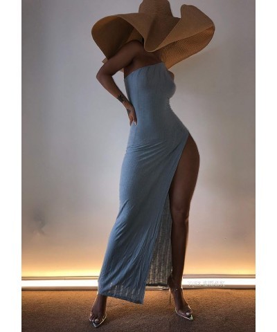 Ribbed Dress Sexy One Shoulder Split Maxi Long Dresses Beachwear Blue $15.00 Dresses