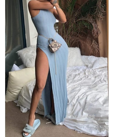 Ribbed Dress Sexy One Shoulder Split Maxi Long Dresses Beachwear Blue $15.00 Dresses