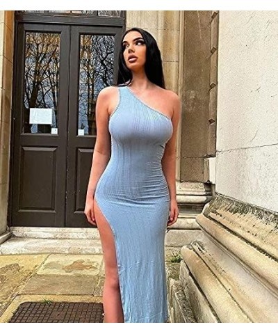 Ribbed Dress Sexy One Shoulder Split Maxi Long Dresses Beachwear Blue $15.00 Dresses