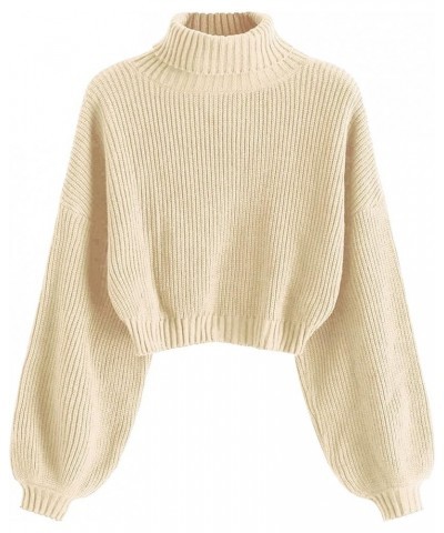 Women's Cropped Turtleneck Sweater Lantern Sleeve Ribbed Knit Pullover Sweater Jumper 2-apricot $20.25 Sweaters