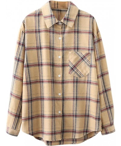 Women's Plaid Shirts Long Sleeve Lapel Button Down Boyfriend Shirt Casual Jacket Blouse Tops with Pocket 1-khaki $7.27 Blouses