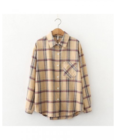 Women's Plaid Shirts Long Sleeve Lapel Button Down Boyfriend Shirt Casual Jacket Blouse Tops with Pocket 1-khaki $7.27 Blouses