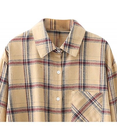 Women's Plaid Shirts Long Sleeve Lapel Button Down Boyfriend Shirt Casual Jacket Blouse Tops with Pocket 1-khaki $7.27 Blouses