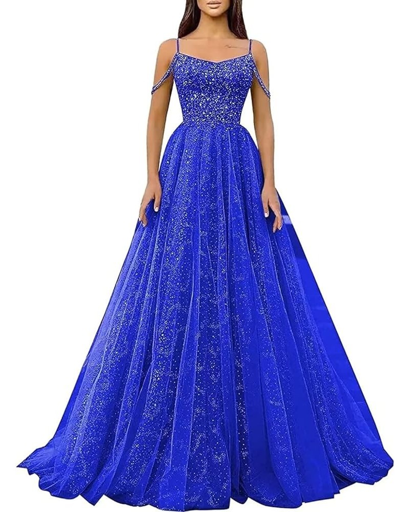 Off Shoudler Sequin Prom Dresses Long Ball Gown 2024 Glitter Tulle A-Line Formal Dress Evening Party Gowns Royal Blue $30.55 ...