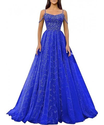 Off Shoudler Sequin Prom Dresses Long Ball Gown 2024 Glitter Tulle A-Line Formal Dress Evening Party Gowns Royal Blue $30.55 ...