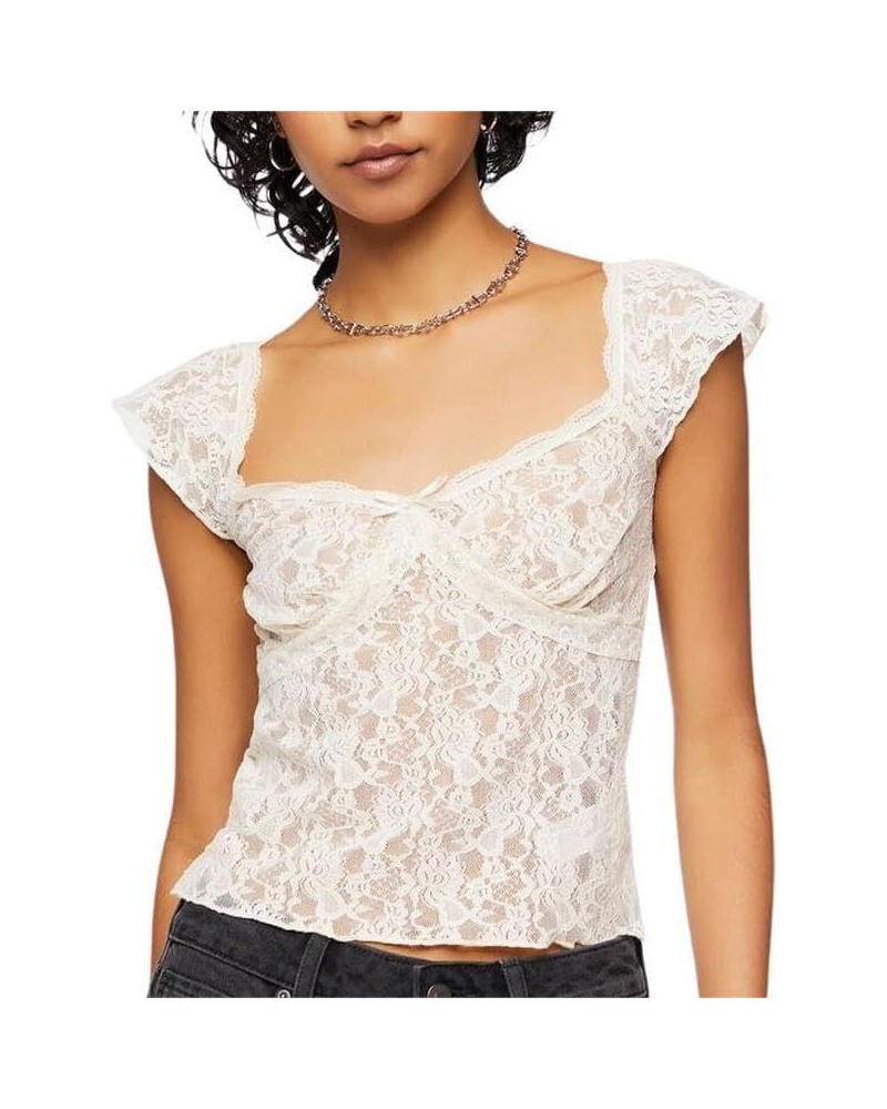 Women Short Sleeve Crop Top Y2k Floral Lace Backless Top Sheer Mesh See Through Top Going Out Streetwear D1-white $6.83 T-Shirts