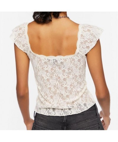 Women Short Sleeve Crop Top Y2k Floral Lace Backless Top Sheer Mesh See Through Top Going Out Streetwear D1-white $6.83 T-Shirts