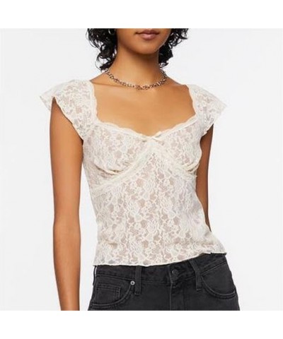 Women Short Sleeve Crop Top Y2k Floral Lace Backless Top Sheer Mesh See Through Top Going Out Streetwear D1-white $6.83 T-Shirts