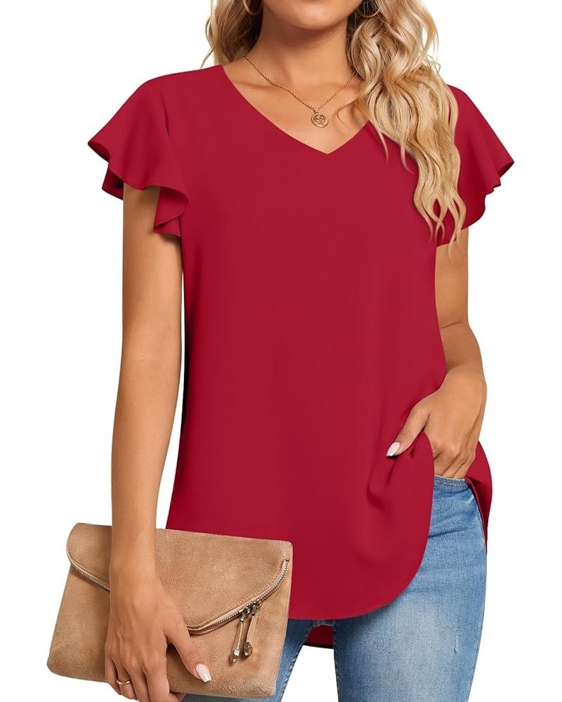 Women's 2024 Summer Casual T-Shirt V-Neck Chiffon Tops for Leggings Loose Blouse Shirt 1-ruffle-red $13.99 Blouses