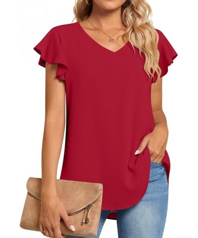 Women's 2024 Summer Casual T-Shirt V-Neck Chiffon Tops for Leggings Loose Blouse Shirt 1-ruffle-red $13.99 Blouses