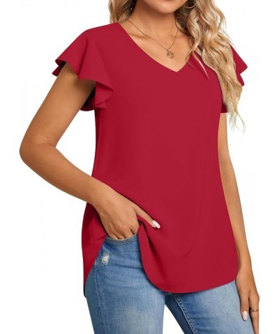 Women's 2024 Summer Casual T-Shirt V-Neck Chiffon Tops for Leggings Loose Blouse Shirt 1-ruffle-red $13.99 Blouses