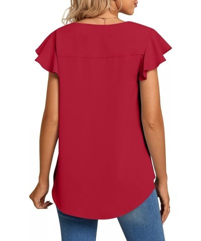 Women's 2024 Summer Casual T-Shirt V-Neck Chiffon Tops for Leggings Loose Blouse Shirt 1-ruffle-red $13.99 Blouses