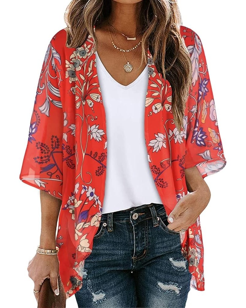 Kimono Cardigans for Women Summer Floral Print Puff Sleeve Chiffon Tops Lightweight Loose Cover Up Casual Blouse Tops 02♛red ...