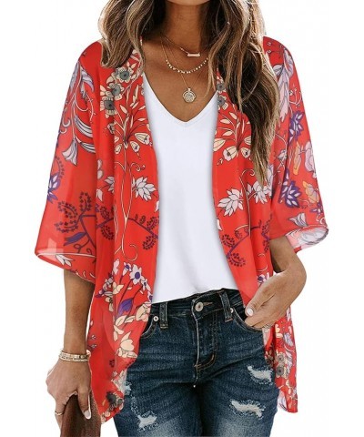 Kimono Cardigans for Women Summer Floral Print Puff Sleeve Chiffon Tops Lightweight Loose Cover Up Casual Blouse Tops 02♛red ...