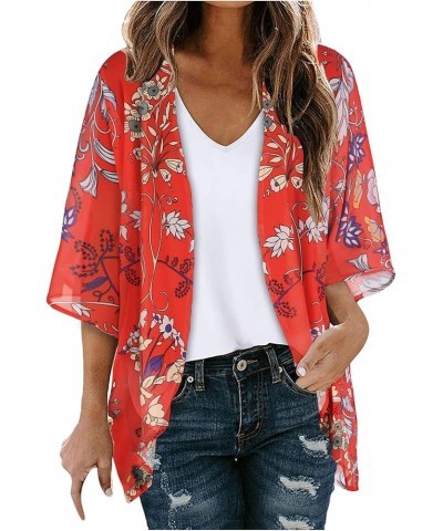 Kimono Cardigans for Women Summer Floral Print Puff Sleeve Chiffon Tops Lightweight Loose Cover Up Casual Blouse Tops 02♛red ...