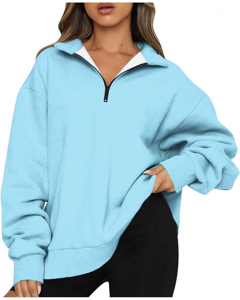 Womens Fall Fashion 2023 Quarter Zip Long Sleeve Sweatshirt Solid Color Loose Trendy Pullover Sweatshirts Clothing Sky Blue 1...