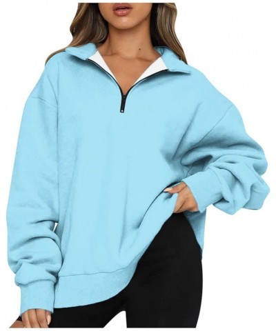 Womens Fall Fashion 2023 Quarter Zip Long Sleeve Sweatshirt Solid Color Loose Trendy Pullover Sweatshirts Clothing Sky Blue 1...