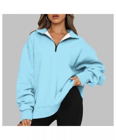 Womens Fall Fashion 2023 Quarter Zip Long Sleeve Sweatshirt Solid Color Loose Trendy Pullover Sweatshirts Clothing Sky Blue 1...