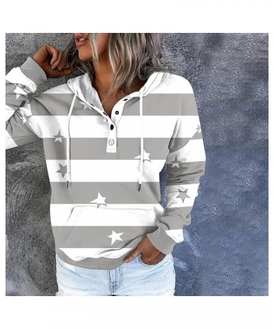 Womens Hoodies Fashion Button Up Sweatshirt Stripe Long Sleeve Tops Color Block Drawstring Hooded Pullover 1-gray $10.65 Hood...