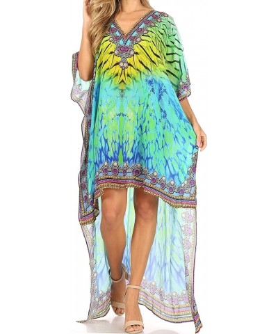 Laisson Flowy Hi Low Caftan Rhinestone Boxy V Neck Dress Top Cover/Up Green Yellow $35.39 Swimsuits