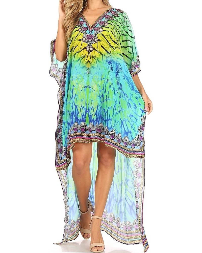 Laisson Flowy Hi Low Caftan Rhinestone Boxy V Neck Dress Top Cover/Up Green Yellow $35.39 Swimsuits