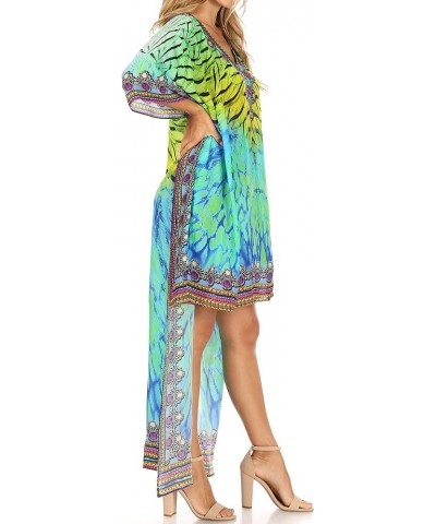 Laisson Flowy Hi Low Caftan Rhinestone Boxy V Neck Dress Top Cover/Up Green Yellow $35.39 Swimsuits