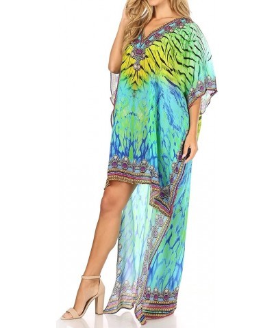 Laisson Flowy Hi Low Caftan Rhinestone Boxy V Neck Dress Top Cover/Up Green Yellow $35.39 Swimsuits