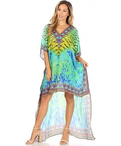 Laisson Flowy Hi Low Caftan Rhinestone Boxy V Neck Dress Top Cover/Up Green Yellow $35.39 Swimsuits