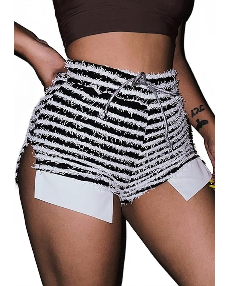 Women's Sweatpants, Sexy Split High Waist Fleece Stripe Patchwork Knitted Shorts 22342-black Shorts $10.08 Shorts